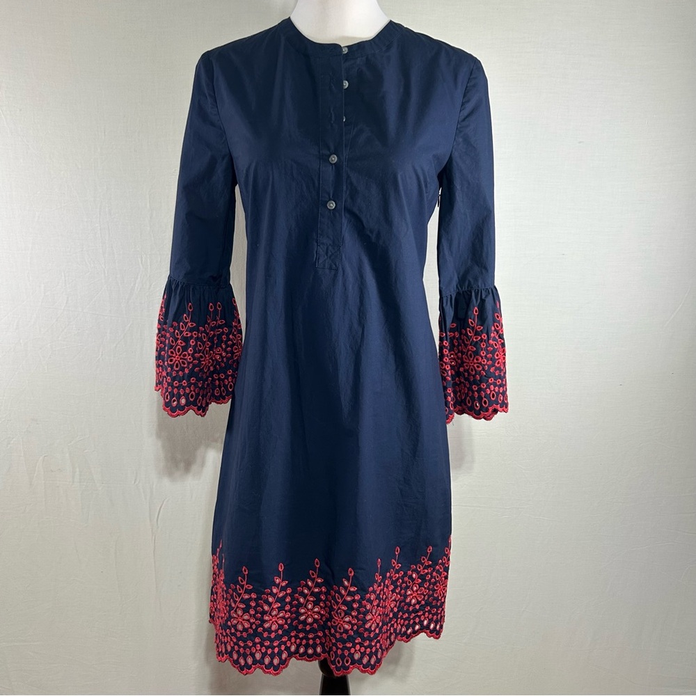 J.Crew Embroidered Eyelet Bell Sleeve Shift Dress in navy blue with red XS